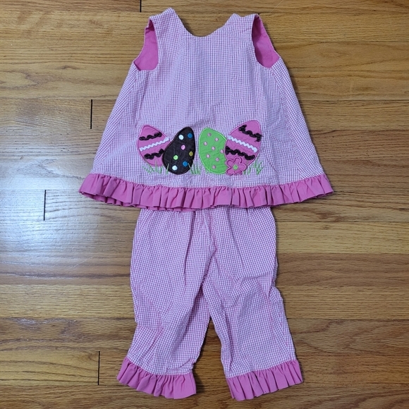 GMS Internacional Other - Toddler Girl Easter Outfit 24 M Pink Gingham Easter Eggs Pants Swing Top Ruffles